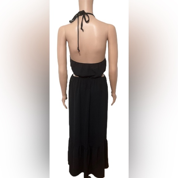 Rachel Zoe Dress M Black Cutout Halter Midi Dress Tiered Hem 11/3 - Picture 2 of 6